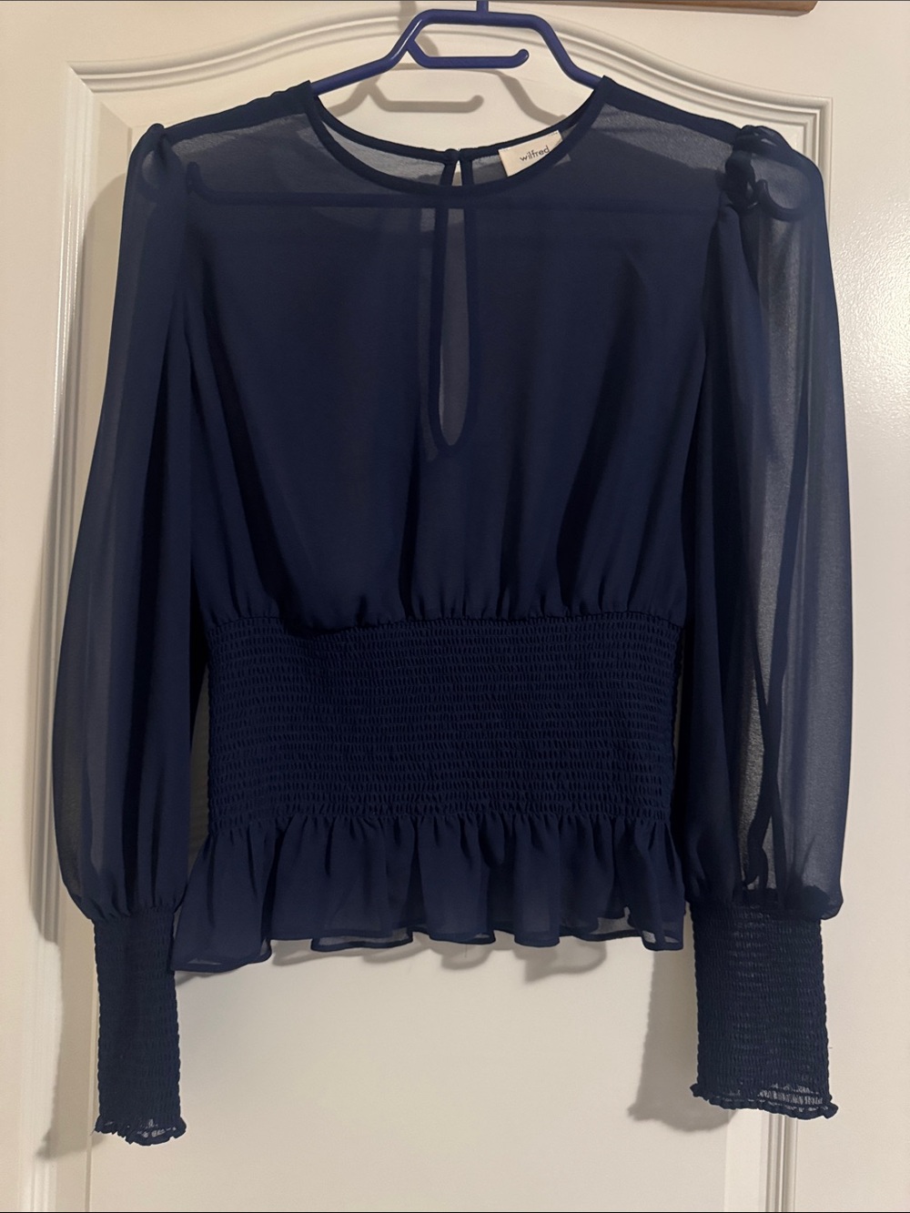 Navy Long-Sleeve Sheer Smocked Waist Blouse